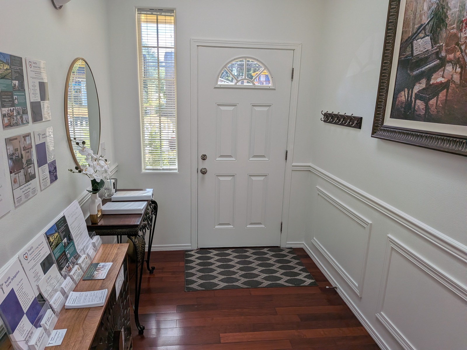Welcoming entryway foyer with skylight at Edmonds Villa assisted living home
