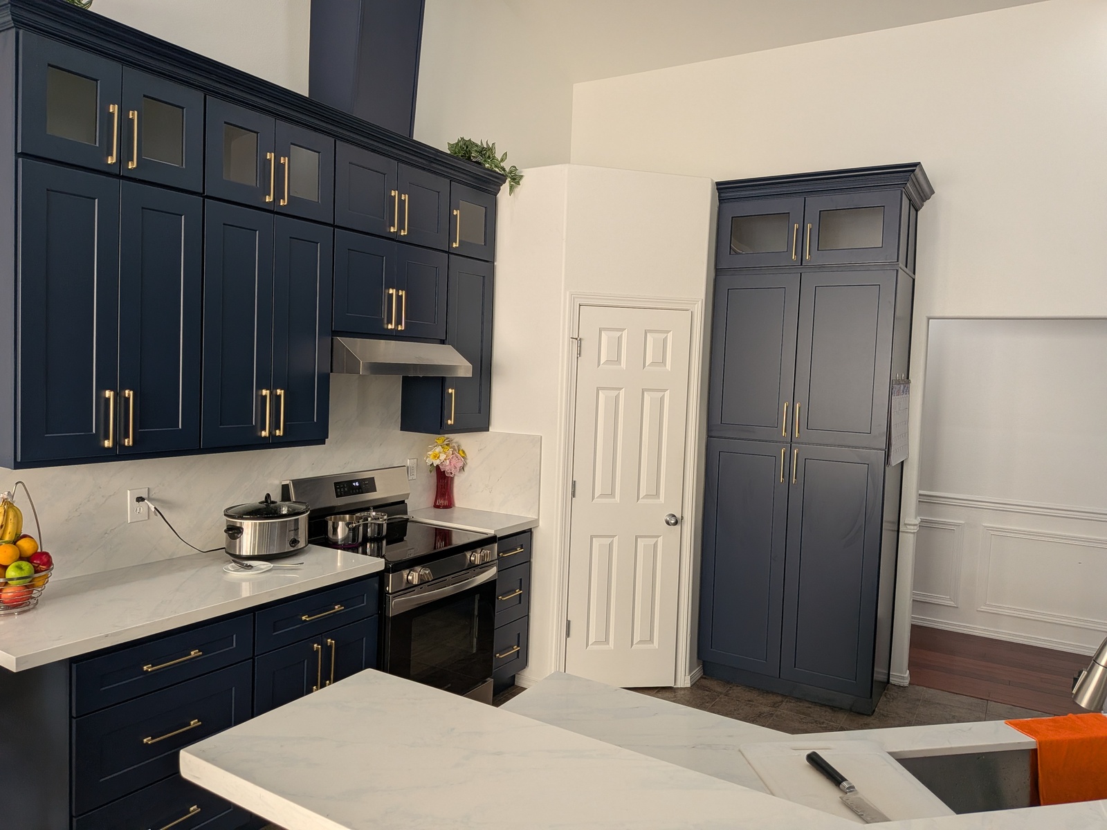Modern renovated kitchen with marble countertops at Edmonds Villa adult family home